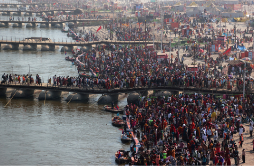 Devotees gather to take a dip at Sangam, the confluence of the Ganges and Yamuna rivers with the mythical invisible Saraswati river, to mark Maghi Purnima, one of the auspicious days during the Devotees gather to take a dip at Sangam, the confluence of the Ganges and Yamuna rivers with the mythical invisible Saraswati river, to mark Maghi Purnima, one of the auspicious days during the
