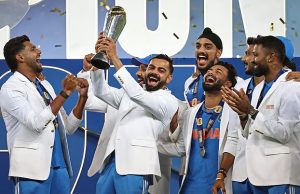 The blue sea roars as India triumphs in the Champions Trophy Indian players celebrate with the trophy after winning the Champions Trophy